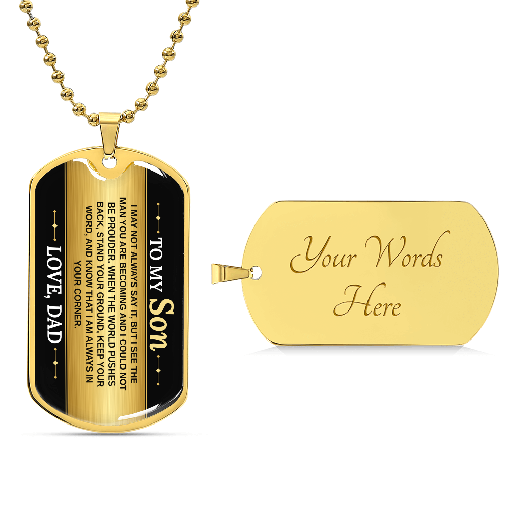 To My Son Necklace from Dad – 18k gold finish dog tag with optional custom engraving on the back