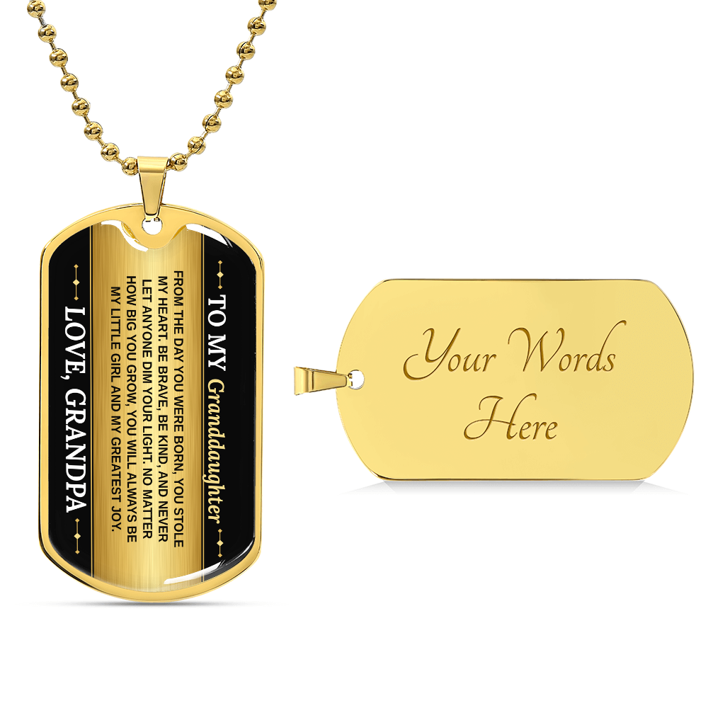 To My Granddaughter Necklace from Grandpa – 18k gold finish dog tag with optional custom engraving on the back