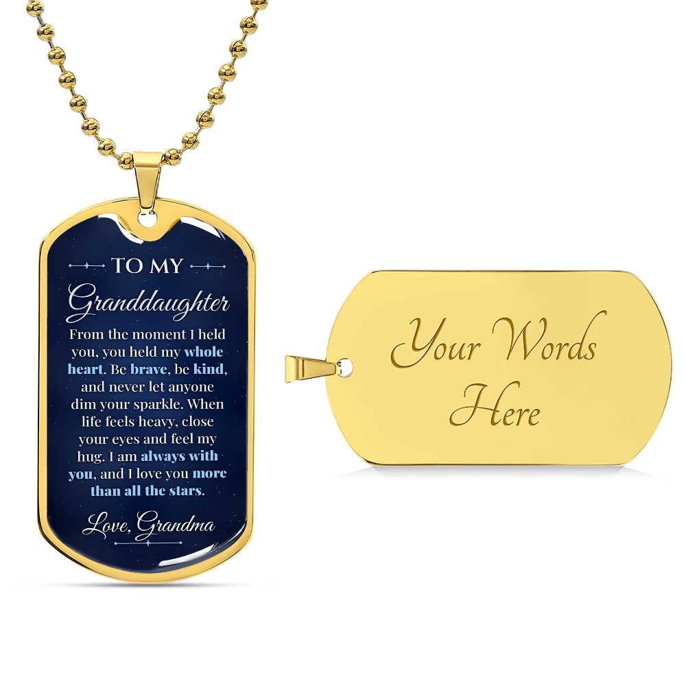 To My Granddaughter Necklace from Grandma – 18k gold finish dog tag with optional custom engraving on the back