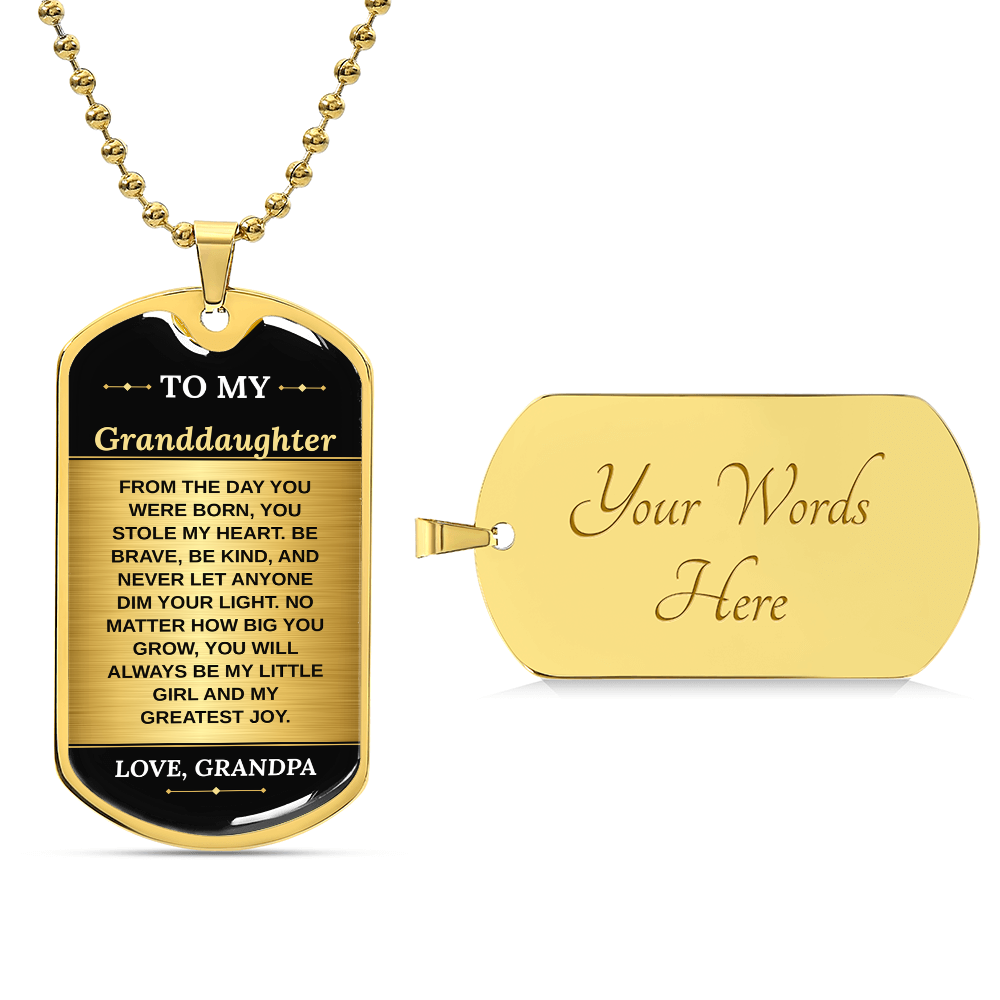 To My Granddaughter Necklace from Grandpa – 18k gold finish dog tag with optional custom engraving on the back