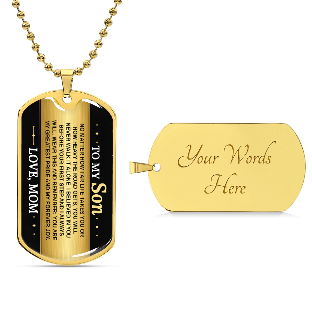 To My Son Necklace from Mom – 18k gold finish dog tag with optional custom engraving on the back