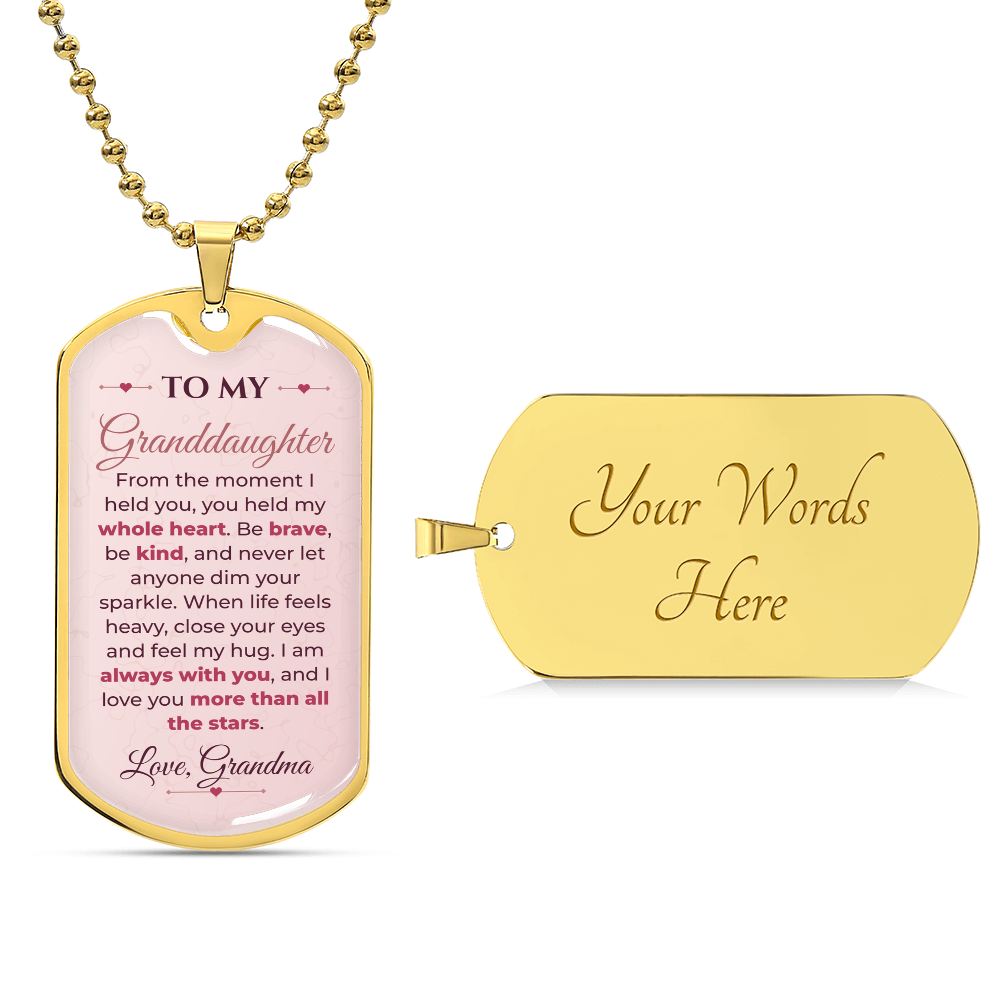 To My Granddaughter Necklace from Grandma – 18k gold finish dog tag with optional custom engraving on the back