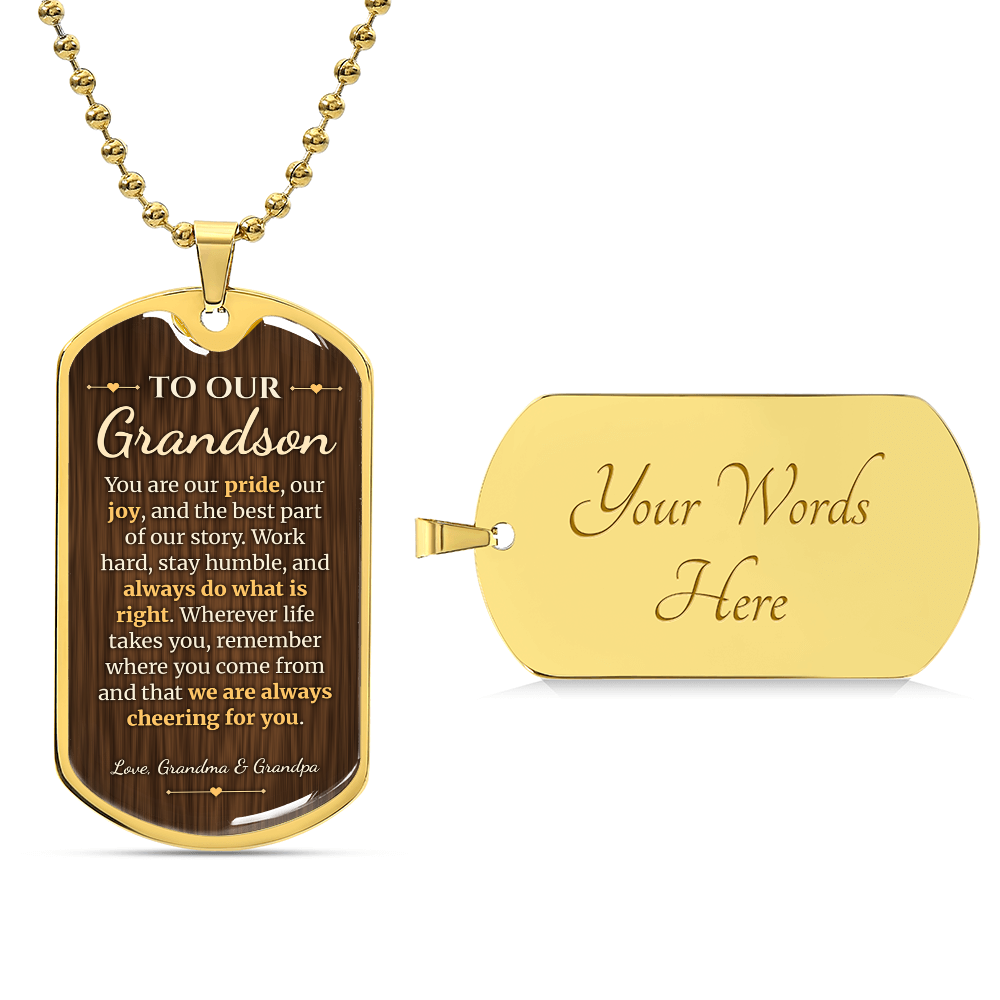 To Our Grandson Necklace from Grandma & Grandpa – 18k gold finish dog tag with optional custom engraving on the back