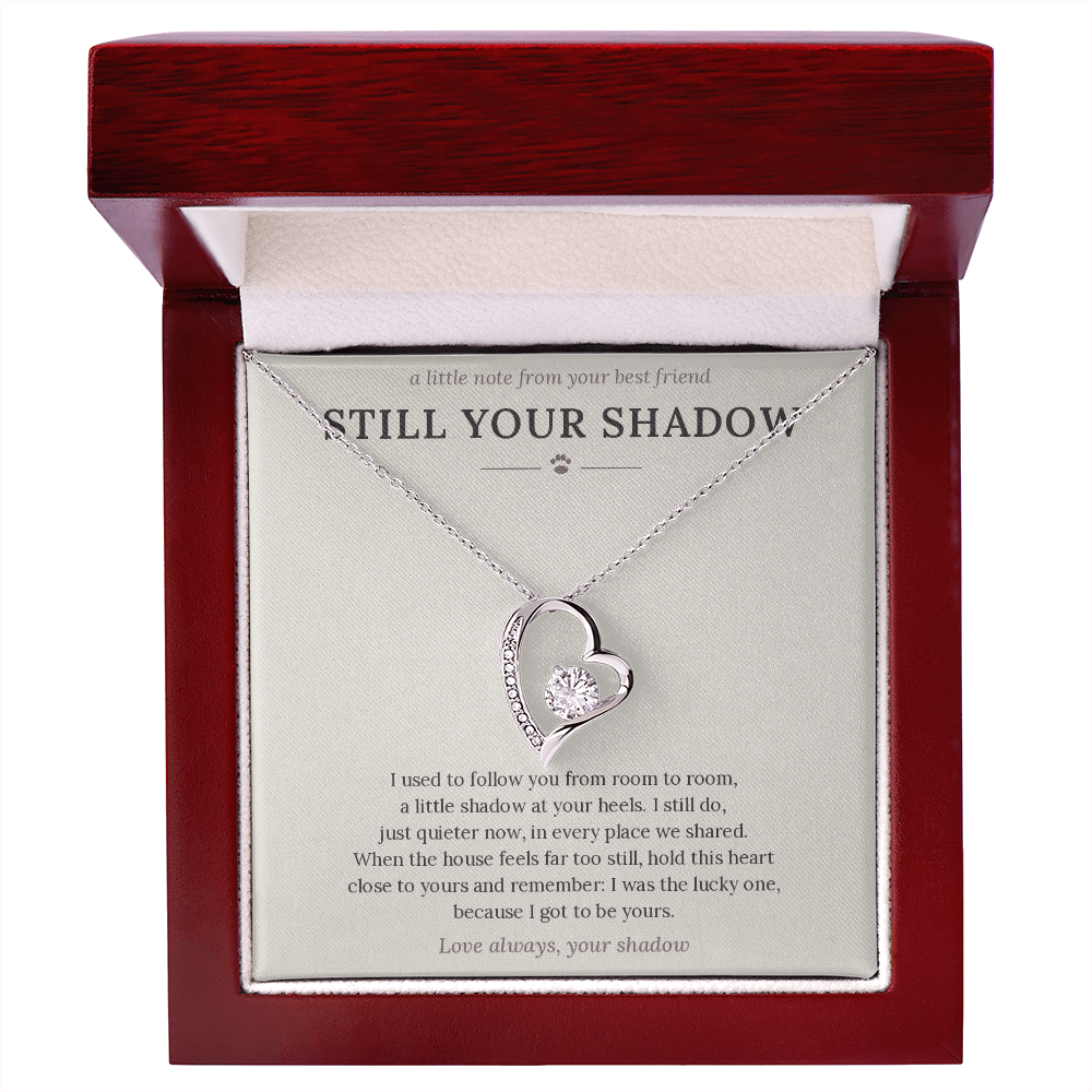 Cat memorial necklace in luxury box, white gold heart on card