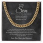 Flat close-up of the charcoal script To My Son card with a gold-finish Cuban link chain across the top