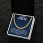 Gold Cuban link chain for uncle in gift box on dark fabric