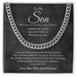 To My Son Cuban link chain from Mom on a charcoal card with script Son headline and Love You Now And Forever