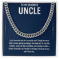 Close-up of To My Favorite Uncle message card with silver Cuban link chain