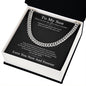 Silver Cuban link chain on black To My Son card inside an open black and white gift box, white background