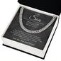 Silver Cuban link chain on charcoal script To My Son card inside an open black and white gift box