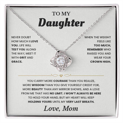 Love Knot necklace on the white To My Daughter card from Mom in an open white gift box, front view