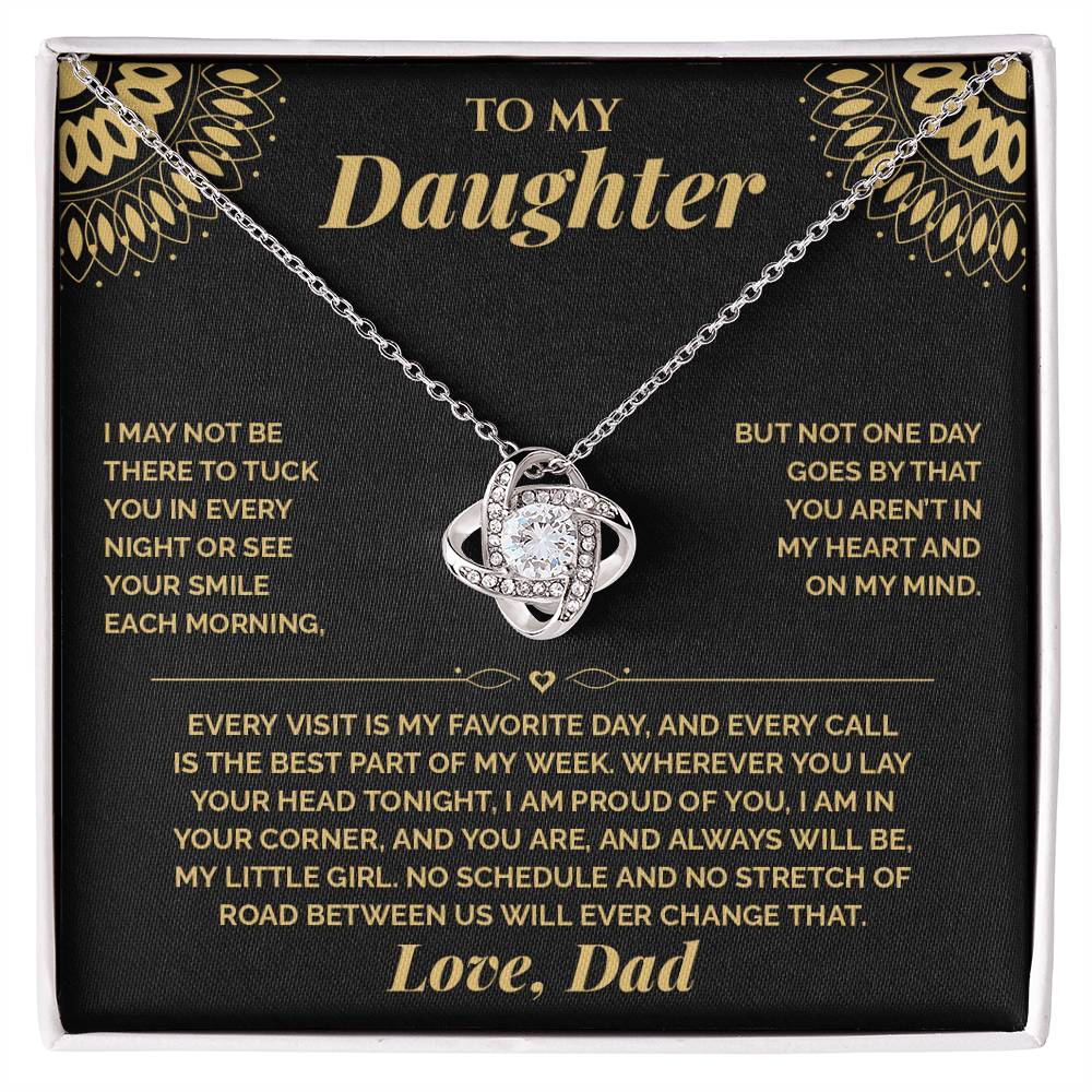Love Knot necklace on the black and gold To My Daughter card from Dad in an open white gift box, front view