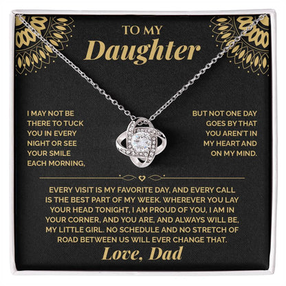 Love Knot necklace on the black and gold To My Daughter card from Dad in an open white gift box, front view