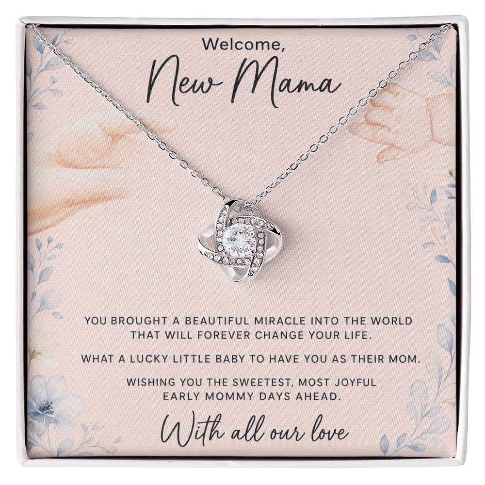 White gold Love Knot necklace with oezzo new mom message card in white gift box