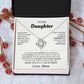 White To My Daughter card from Mom and Love Knot necklace in a white gift box with red berries