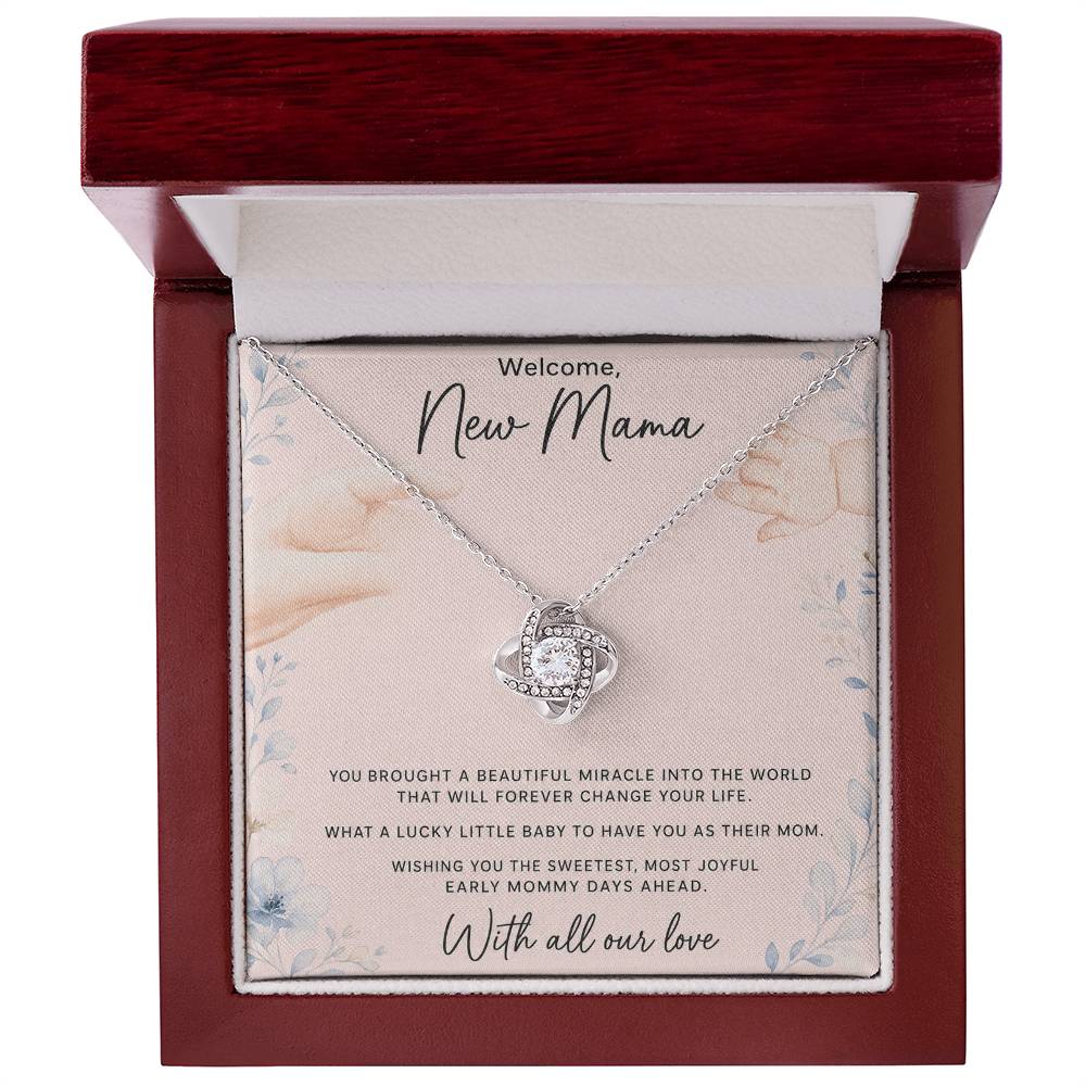 White gold Love Knot necklace in mahogany LED luxury gift box with new mom message card