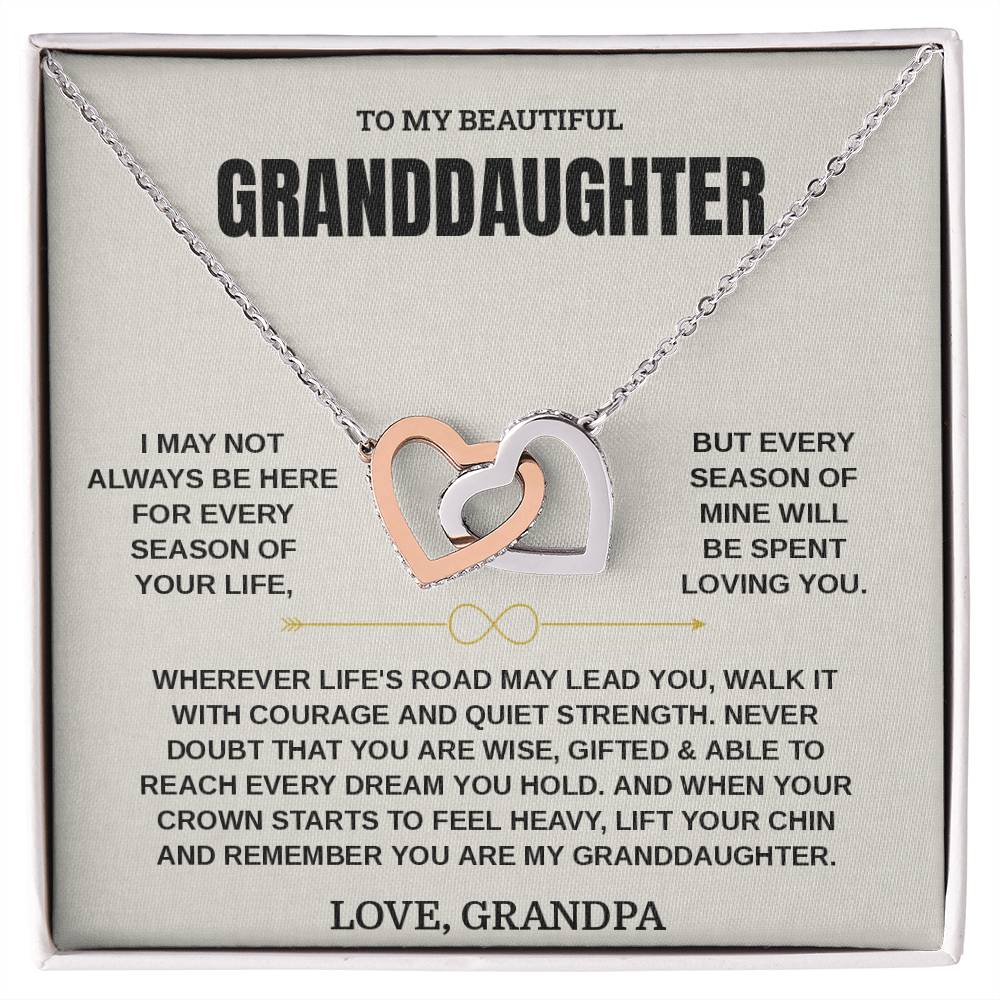 Granddaughter necklace from Grandpa: Interlocking Hearts on the cream To My Beautiful Granddaughter card, front view