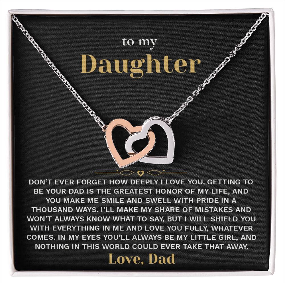 Interlocking Hearts necklace on the black and gold To My Daughter card from Dad in an open white gift box, front view
