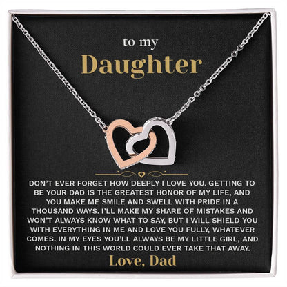 Interlocking Hearts necklace on the black and gold To My Daughter card from Dad in an open white gift box, front view