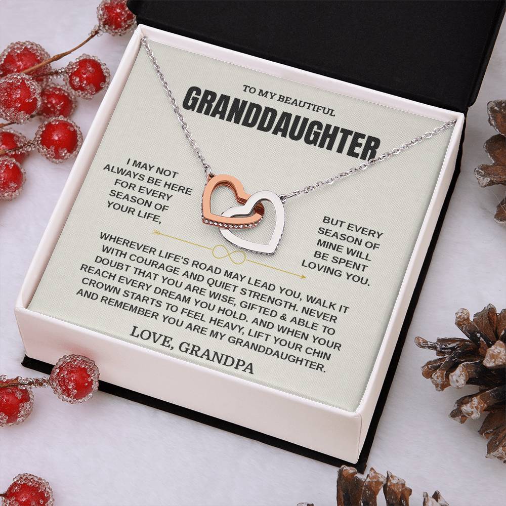 Cream Granddaughter card from Grandpa with the hearts necklace in a white gift box with red berries and pinecones