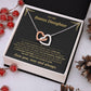 Black and gold To My Bonus Daughter card with the Interlocking Hearts necklace in a white gift box with red berries and pinecones