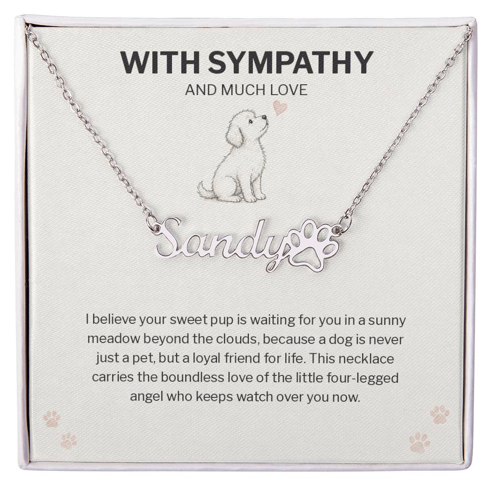 Dog Memorial Paw Print Name Necklace — Pet Loss Remembrance Sympathy Gift with Card