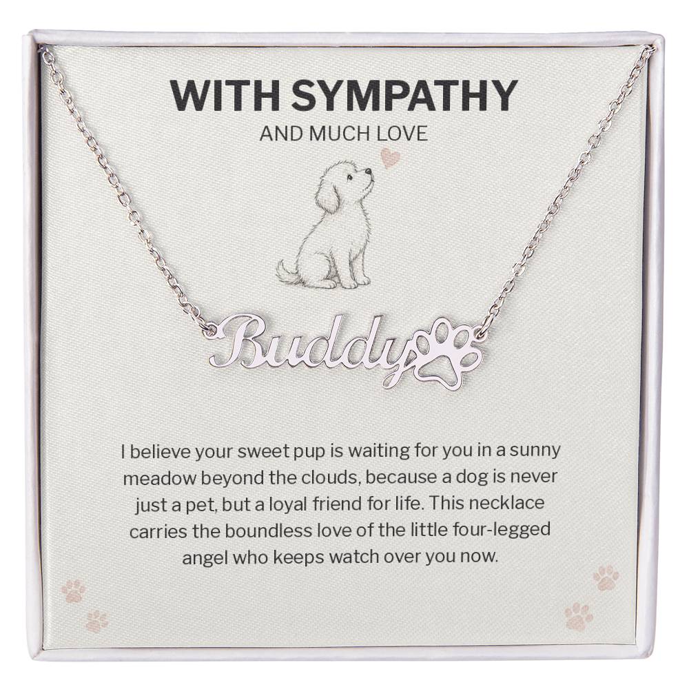 Dog memorial paw print name necklace with With Sympathy message card
