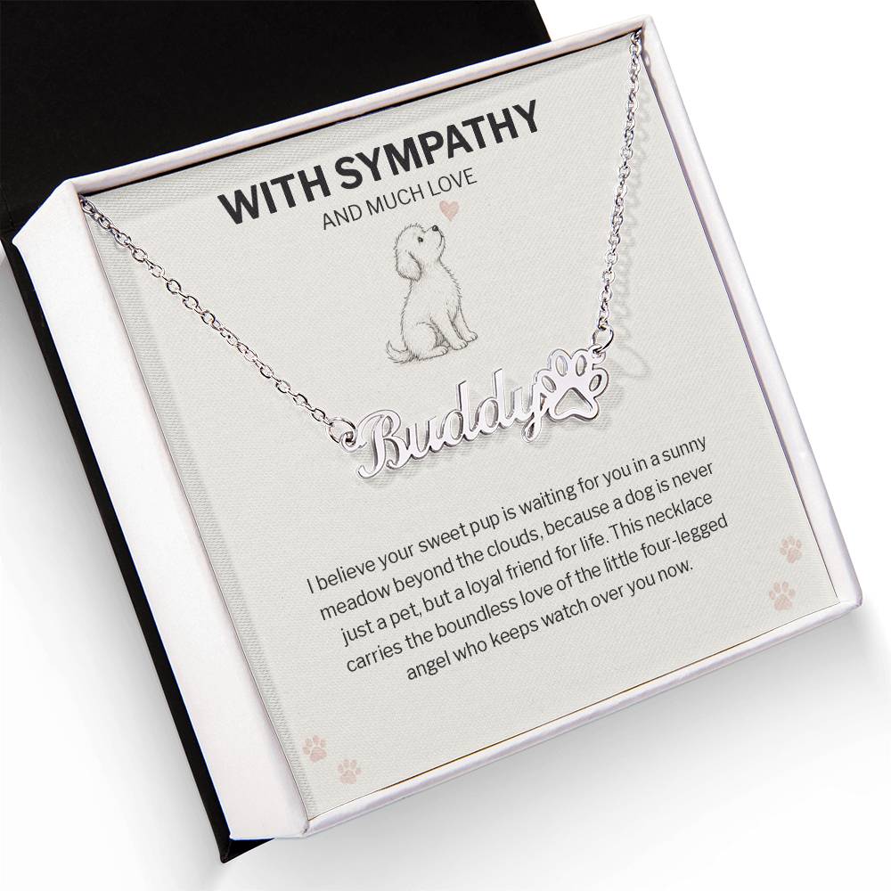 Dog memorial paw print name necklace with With Sympathy message card