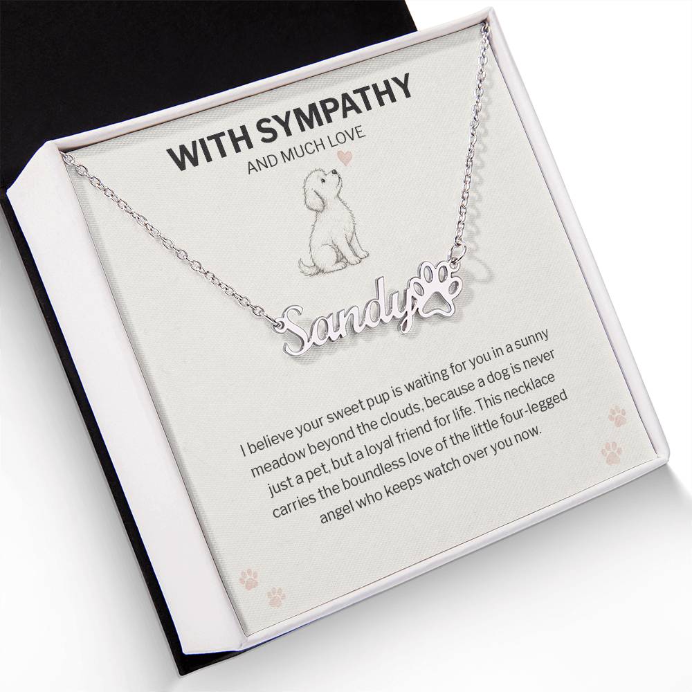 Dog memorial paw print name necklace with With Sympathy message card