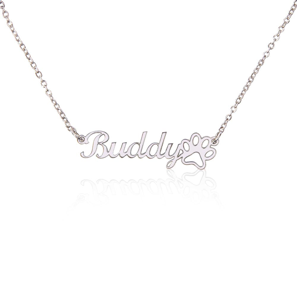 Dog memorial paw print name necklace with With Sympathy message card