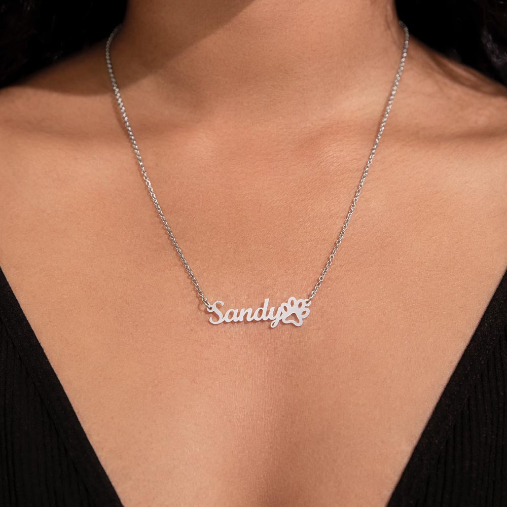 Dog memorial paw print name necklace with With Sympathy message card