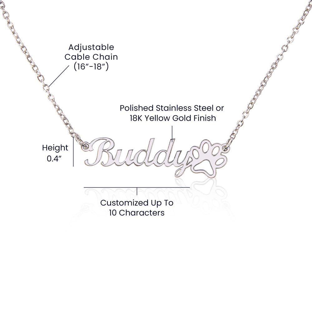 Dog memorial paw print name necklace with With Sympathy message card