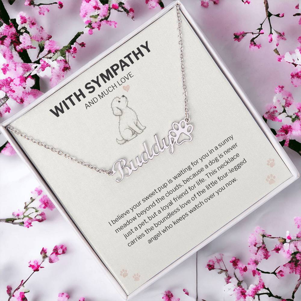 Dog memorial paw print name necklace with With Sympathy message card