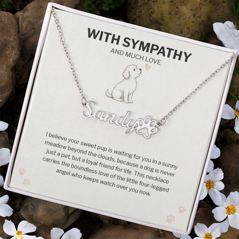 Dog memorial paw print name necklace with With Sympathy message card