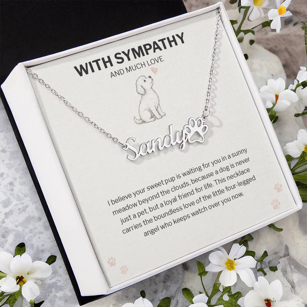 Dog memorial paw print name necklace with With Sympathy message card
