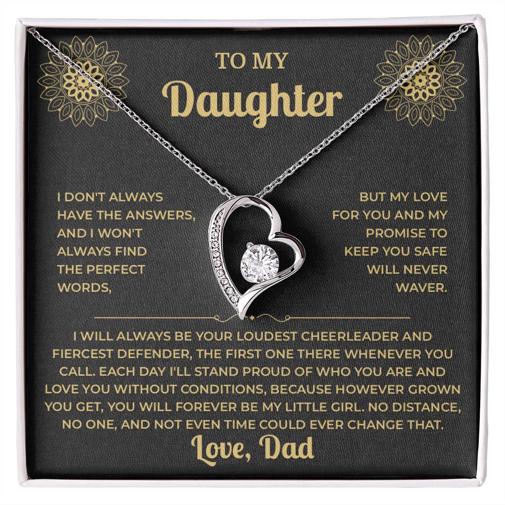 To My Daughter necklace from Dad: Forever Love heart on the black and gold Love, Dad card, front view