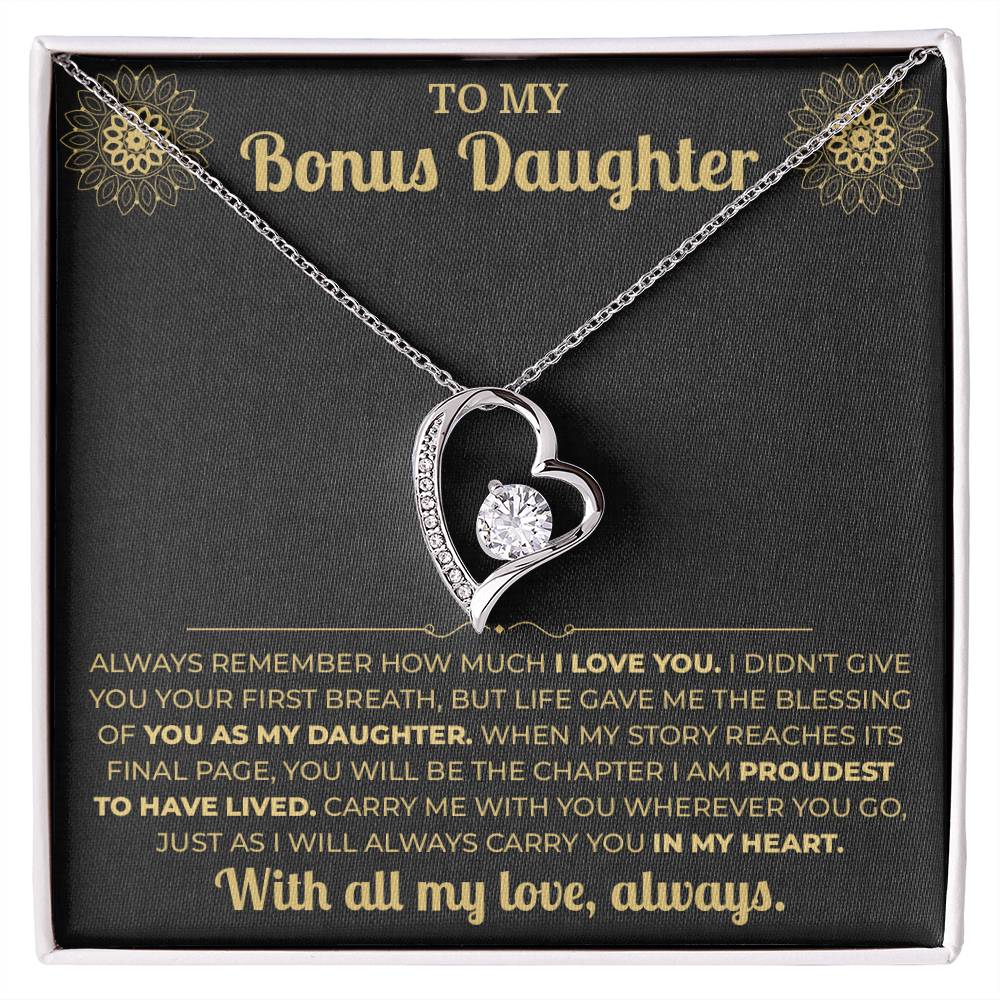 Bonus daughter gift: Forever Love heart on the black and gold To My Bonus Daughter card, front view