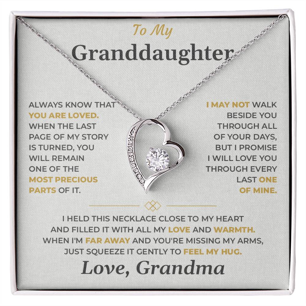 Granddaughter necklace from Grandma: Forever Love heart on the soft gray Love, Grandma card, front view