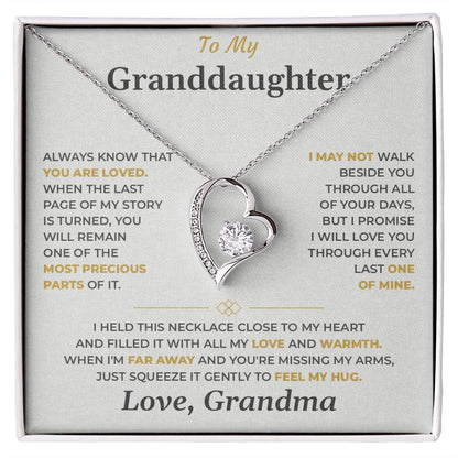 Granddaughter necklace from Grandma: Forever Love heart on the soft gray Love, Grandma card, front view