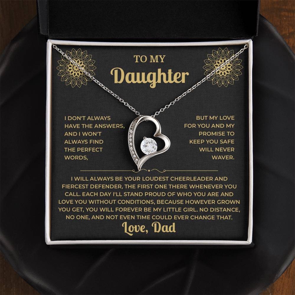 Open black gift box with the Forever Love heart necklace on the black and gold To My Daughter card from Dad