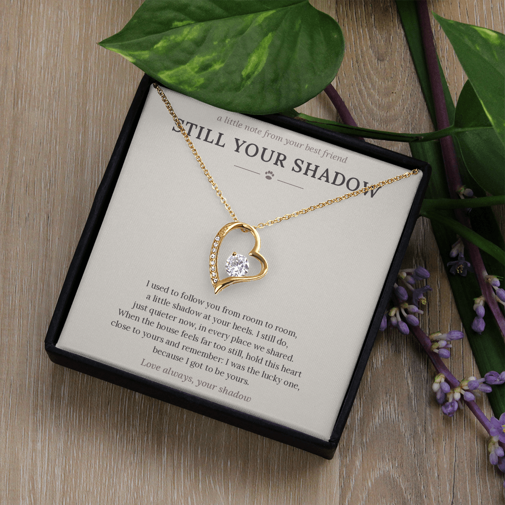 Yellow gold rainbow bridge necklace on card in gift box
