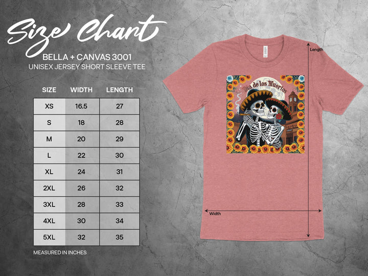 Bella+Canvas 3001 size chart with a skeleton couple tee
