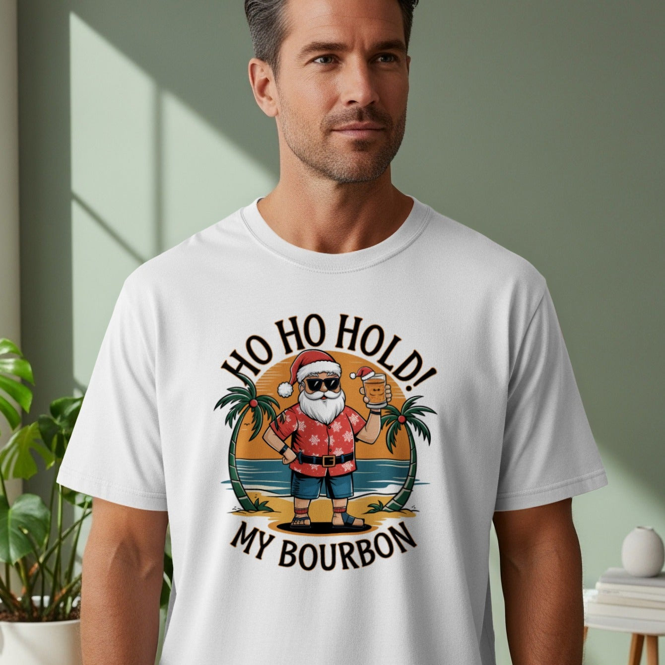 HO HO HOLD MY BOURBON Santa on the beach shirt