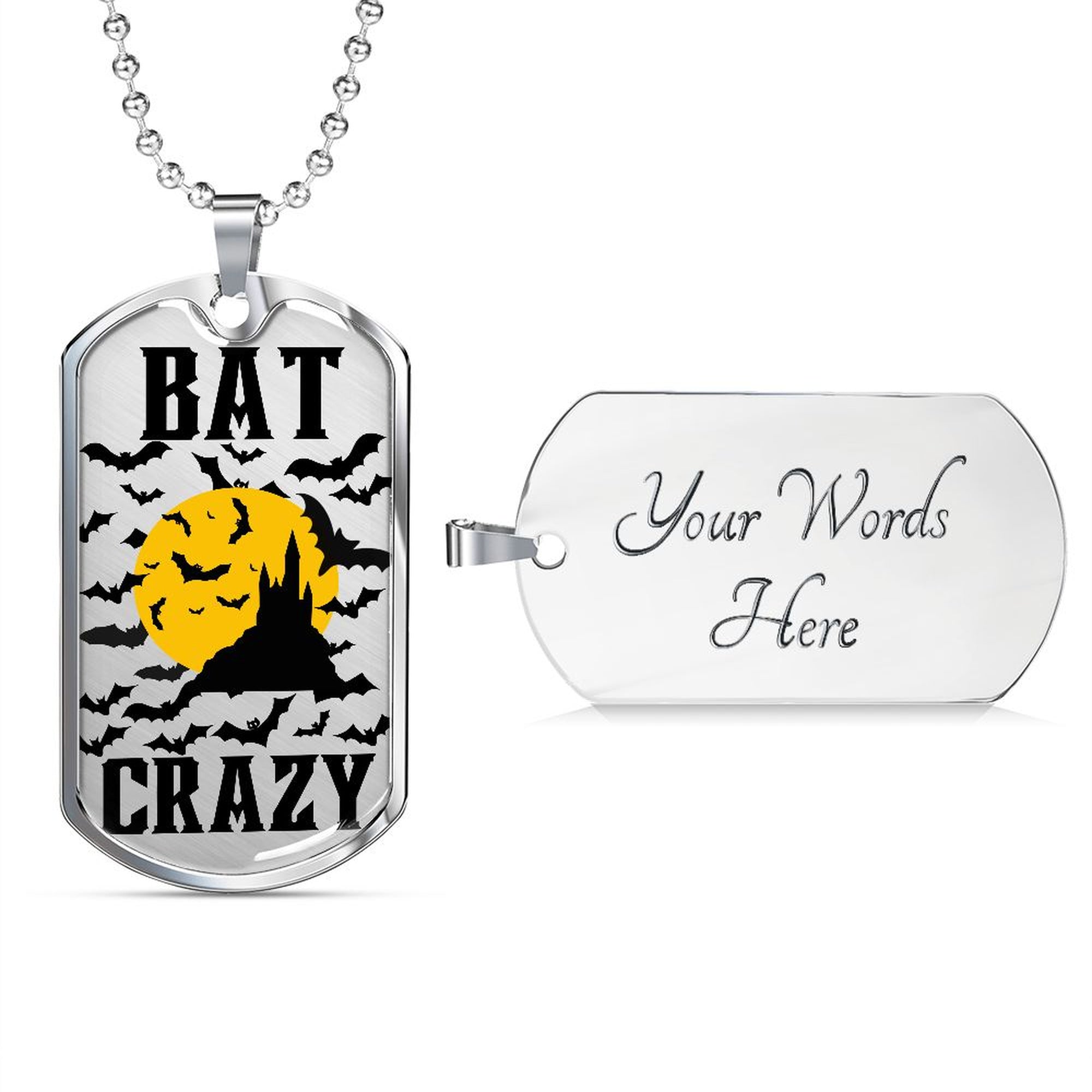 Front of the silver Bat Crazy bat and moon tag beside an engravable back reading Your Words Here