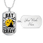 Front of the silver Bat Crazy bat and moon tag beside an engravable back reading Your Words Here