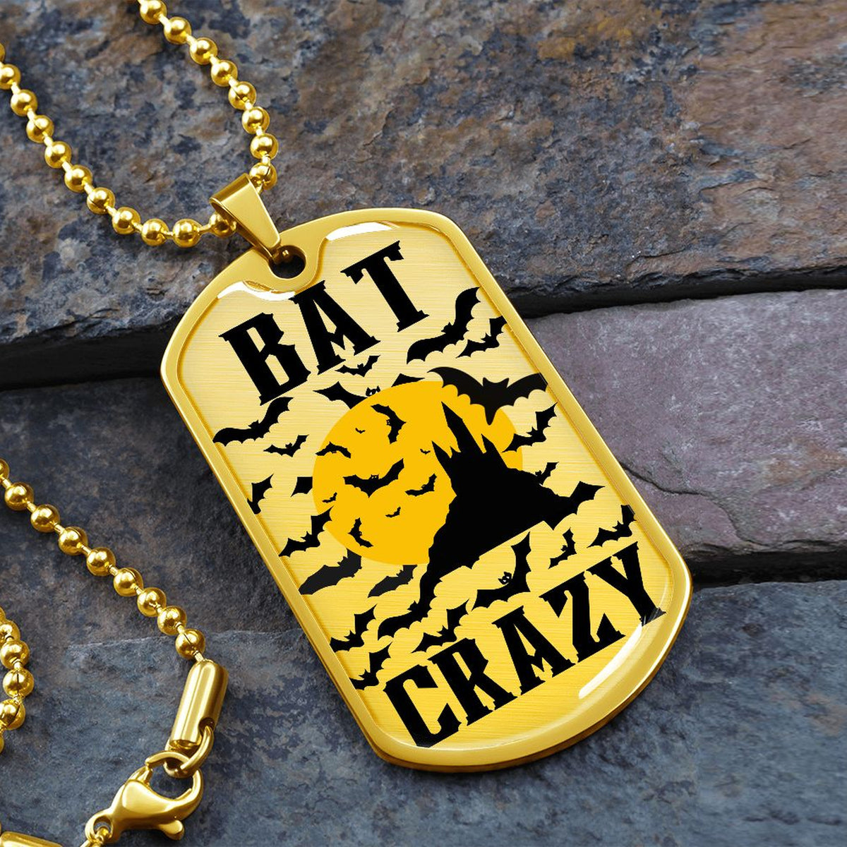 Bat Crazy bat and moon dog tag necklace with 18k gold finish on slate stone
