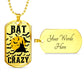 Front of the gold Bat Crazy bat and moon tag beside an engravable gold back reading Your Words Here