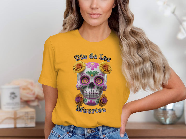 Woman wearing a gold sugar skull T-shirt