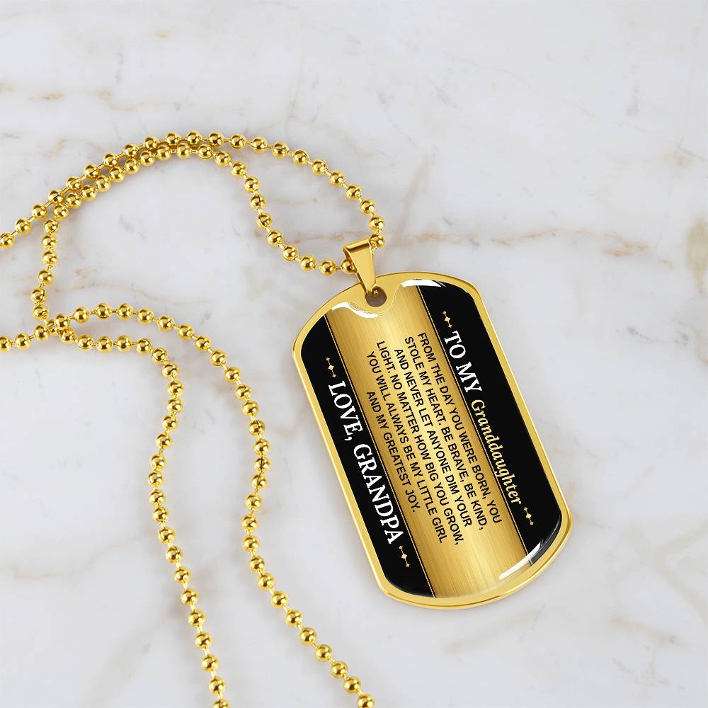 To My Granddaughter Necklace from Grandpa – 18k gold finish dog tag necklace on white marble