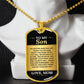To My Son Necklace from Mom – gold dog tag necklace displayed on a bust